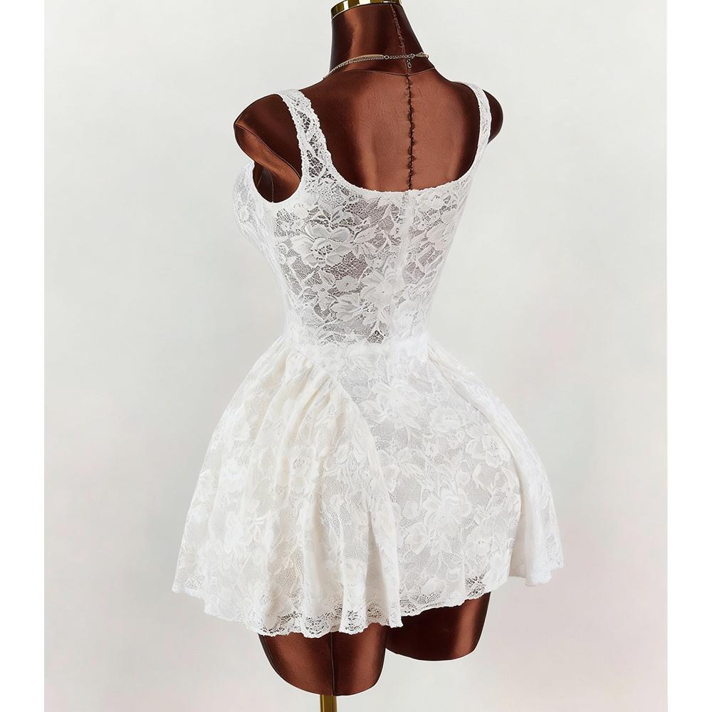 New style women's white lace dress with square neckline, wide band, fitted waist, and full-puff short skirt