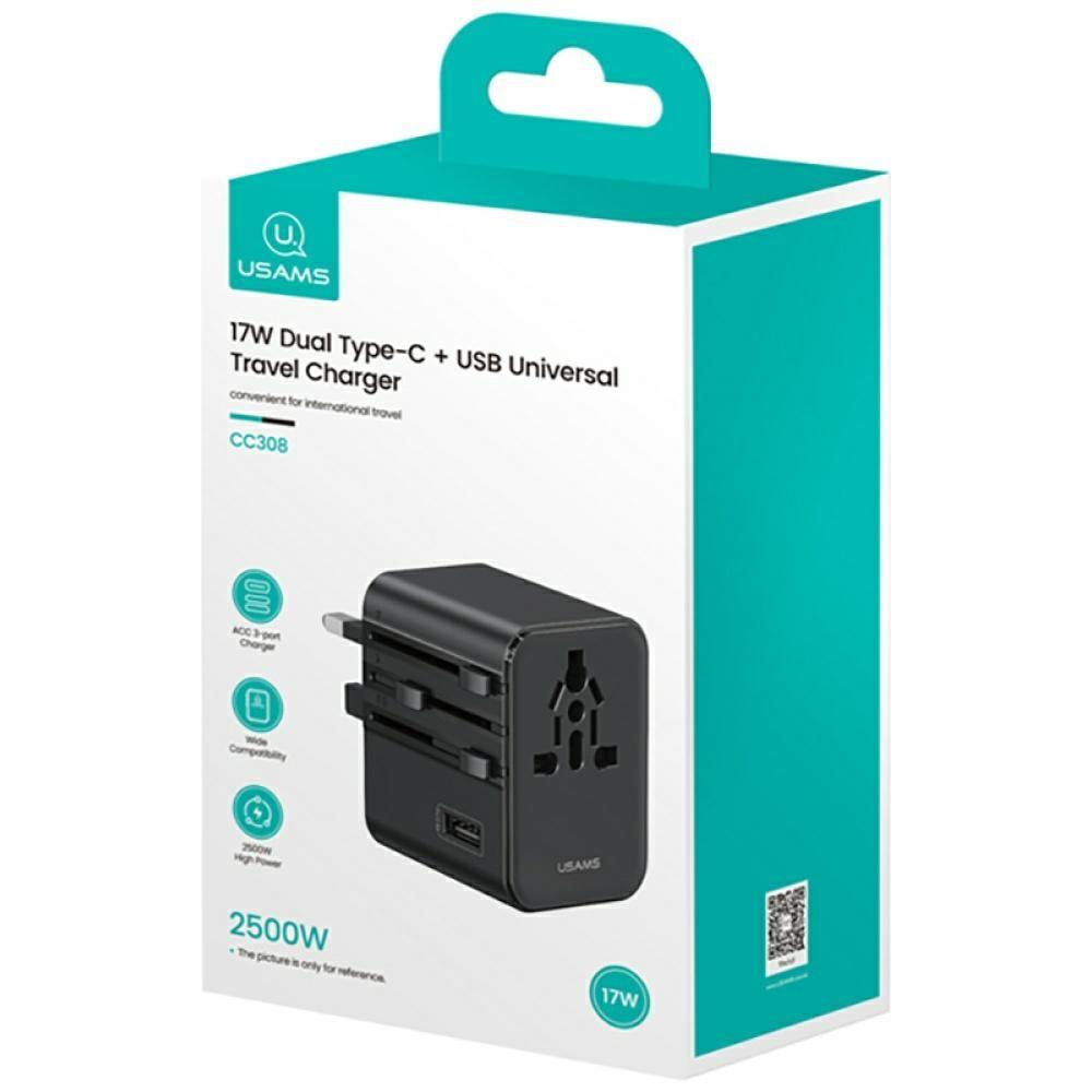 Ładowarka Sieciowa Usams Travel Adapter  Cc308 Usb-C + Usb-A 17W 4W1 Us/Au/Eu/Uk Czarny