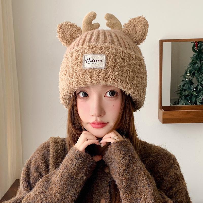 Cute Antlers Autumn and Winter Hat Women's Patch Plush Hat Japanese Plush Knitted Hat Outdoor Warm Ear Protection Hood