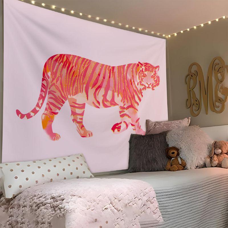 Pink Watercolor Tiger Tapestry, Cute Animal Wall Hanging, Aesthetic Bedroom Dorm Wall Decor, Boho Home Decoration