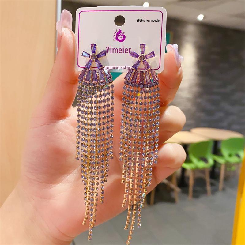 S925 Silver Needle Rhinestone Tassel Earrings - Exquisite Long Claw Chain with Colored Diamonds, European & American Style