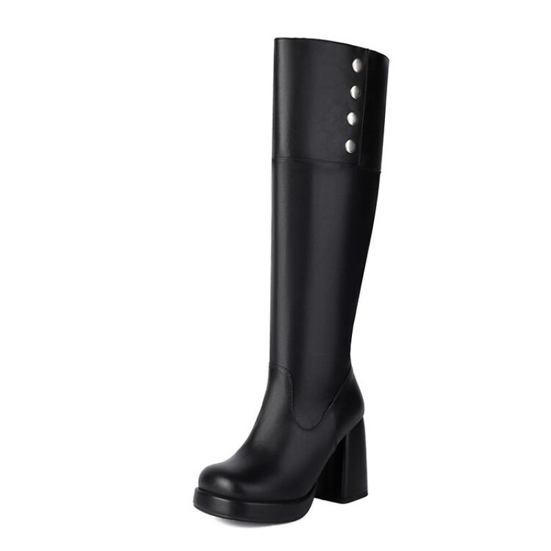 Fashion New Black White 9.5cm High-heel Knee High Boots European American Winter Fashion Round Toe Solid Color Women Boots Size 34-48