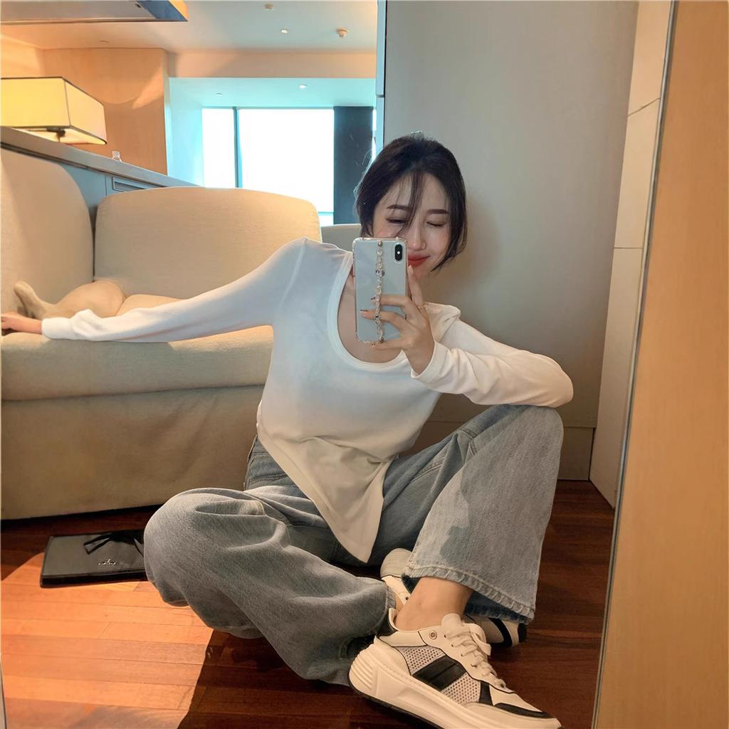 Irregular White Slim Long-sleeved T-shirt for Women's Autumn Clothes New Style Design Student Inner Bottom Shirt Top