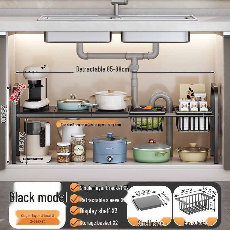 Retractable Under-Sink Tiered Shelf and Pot Storage Rack
