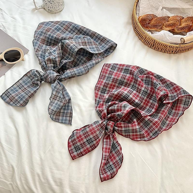 Headscarf, headband, colored plaid cotton and linen silk scarf, high-end decorative scarf, triangular scarf, waist fart curtain.