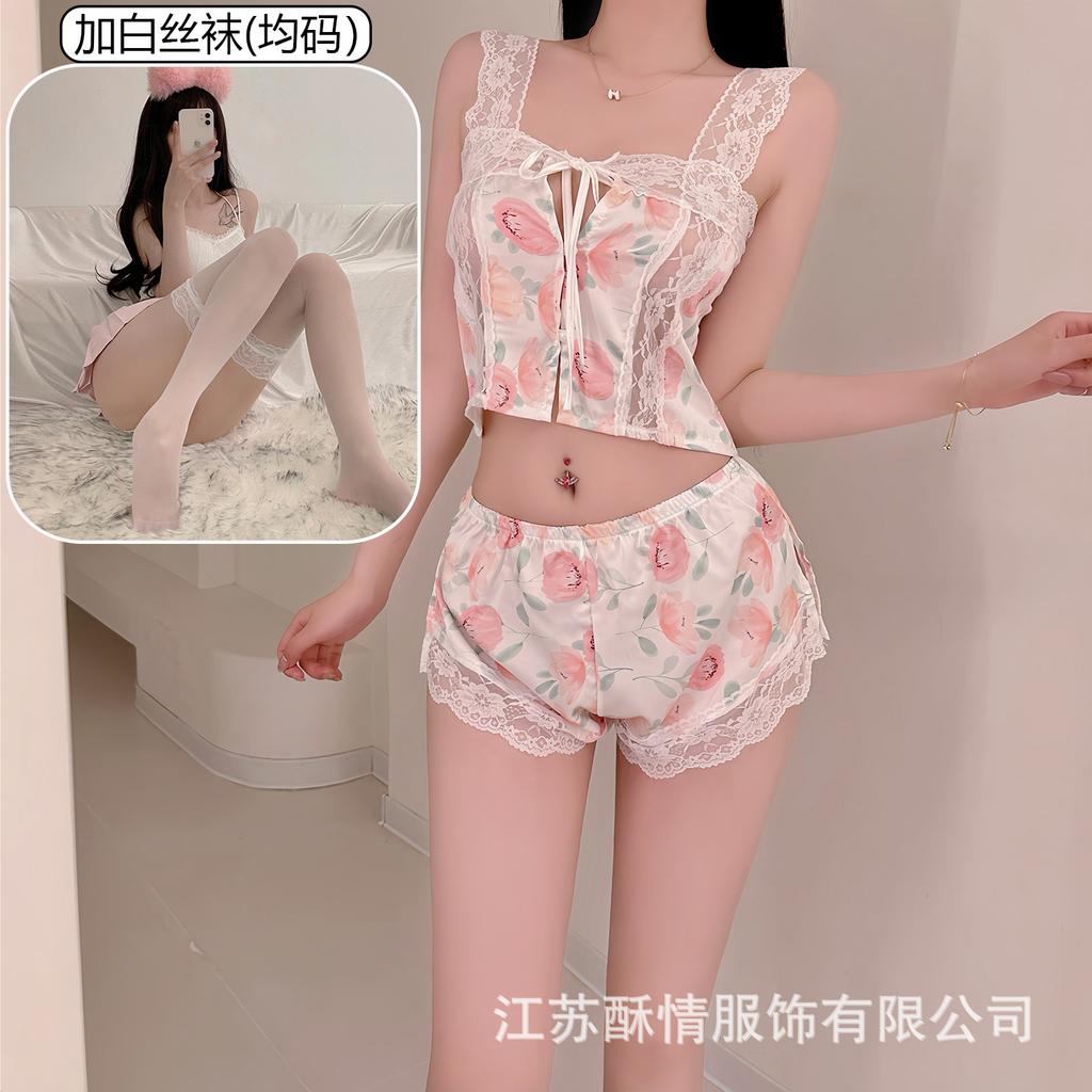 Crispy Sexy Sweet and Spicy Women's Summer Ice Silk Thin Pure Desire Suspender Shorts Two-piece Set Lace Temptation Set