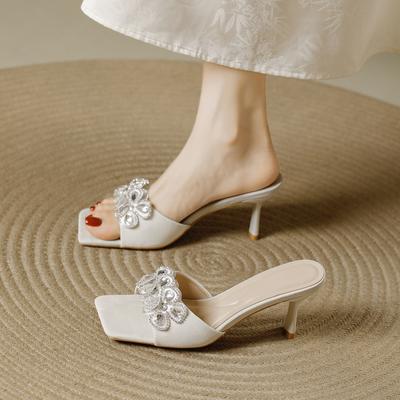 French High-heeled Slippers Women's Thin Heels Summer 2025 New Rhinestone Buckle Temperament Wear Versatile with Skirt Sandals