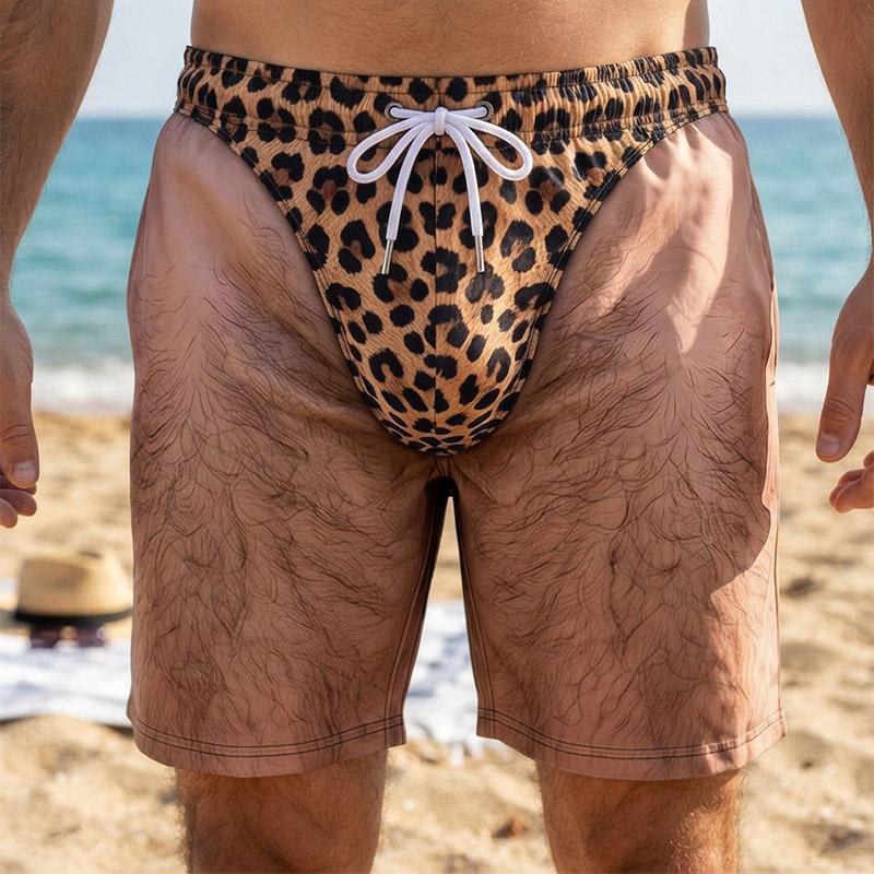 Novelty Men 3D Printed Swim Shorts Fake Hairy Leg Leopard Pattern Drawstring Quick Dry Beach Boardshort Summer Holiday Swimwear