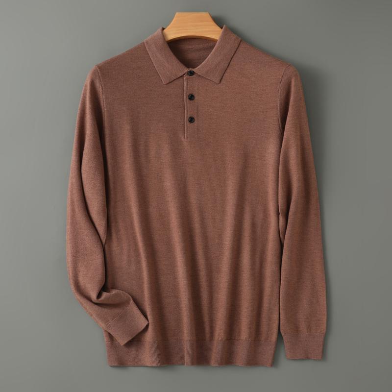 High Quality Worsted Spun Collar Wool Sweater Men's Spring and Autumn Business Polo Sweater Thin Long Sleeved Knitted T-Shirt