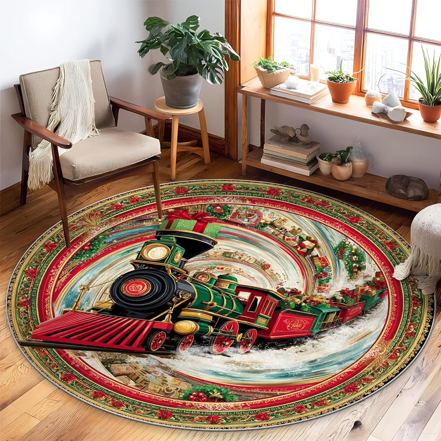 

3D Vintage Steam Train Round Rug Rail Tracks Cliff Bridge Tunnel Firelight Forest Home Decor Carpet for Living Room Study 40x40cm