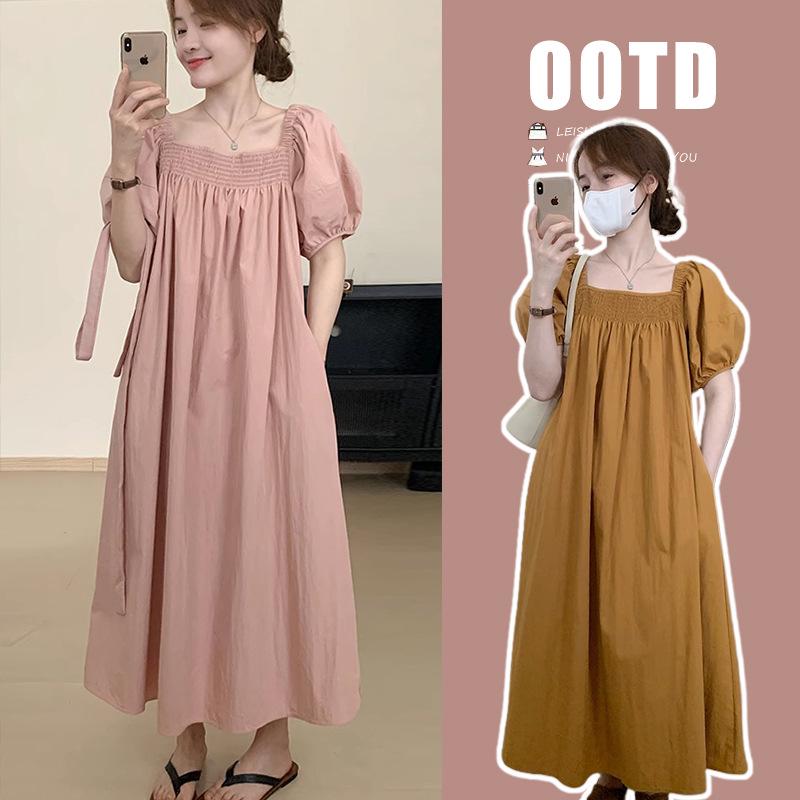 2026 Summer Pleated Square Neck Mid-Length Cotton Linen Maternity Dress XL