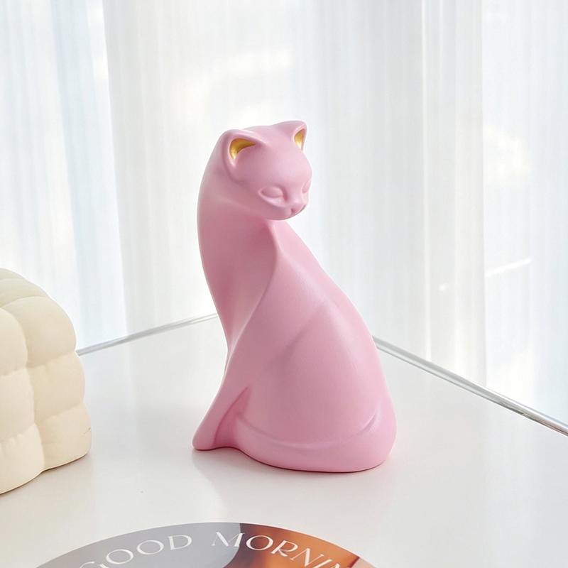 Minimalistische Rosa Katze Harzfigur Dekorative Skulptur Ornament mit Goldenen Ohrakzenten für Zuhause Wohnzimmer Tischplatte Display