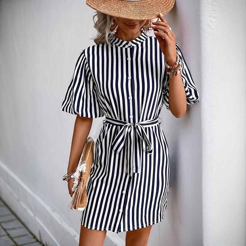 New casual shirt skirt, lotus leaf sleeve stand-up collar striped dress