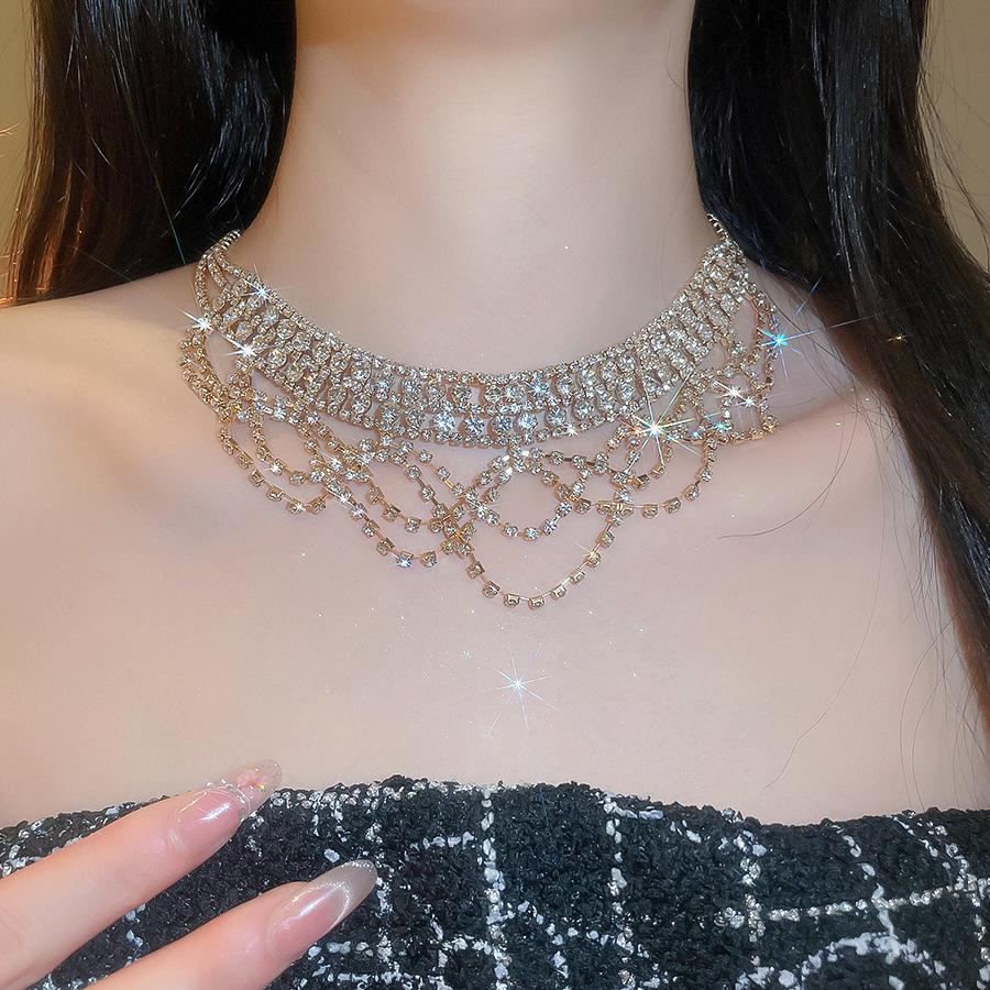 Elegant Rhinestone Lace Tassel Necklace - Multi-Layer Clavicle Accessory for Women