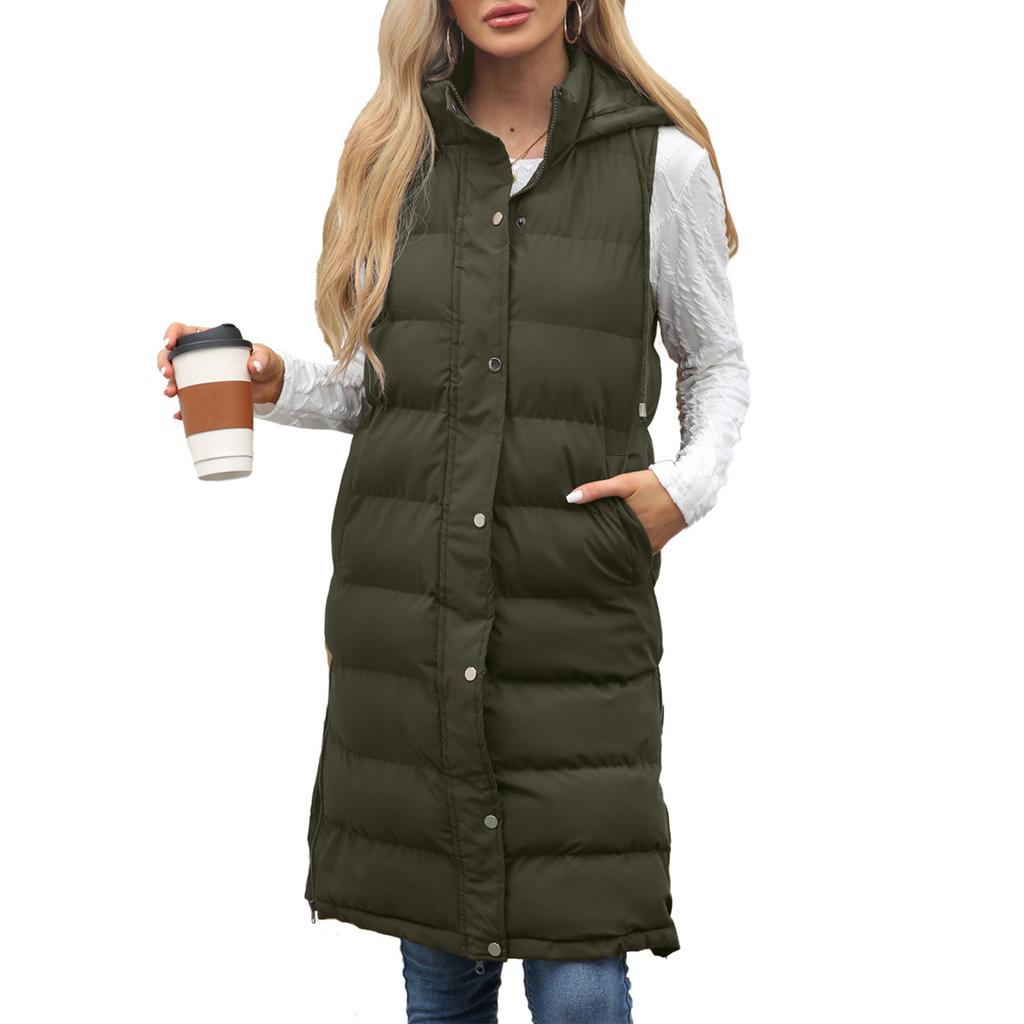 Fashionable Women's Hooded Sleeveless Vest Long Solid Color Zipper Padded Thickened Jacket
