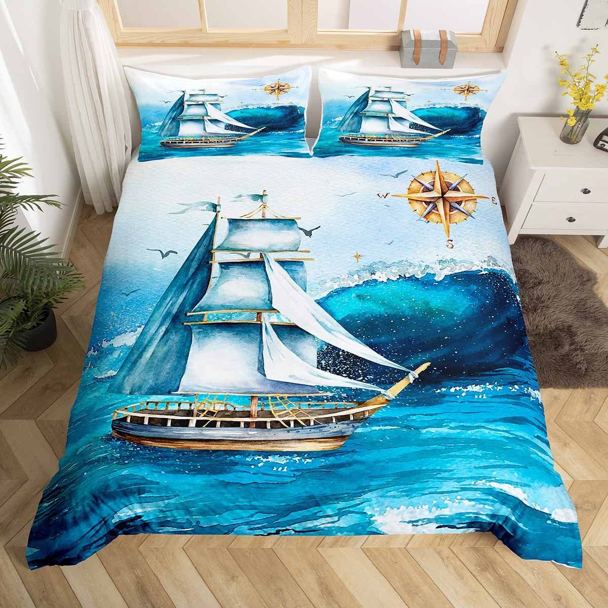 

Sailboat Duvet Cover Set Twin King Queen Size Nautical Theme Seagull Bedding Set Microfiber Rustic Wooden Plank Comforter Cover EU single(135x200cm)