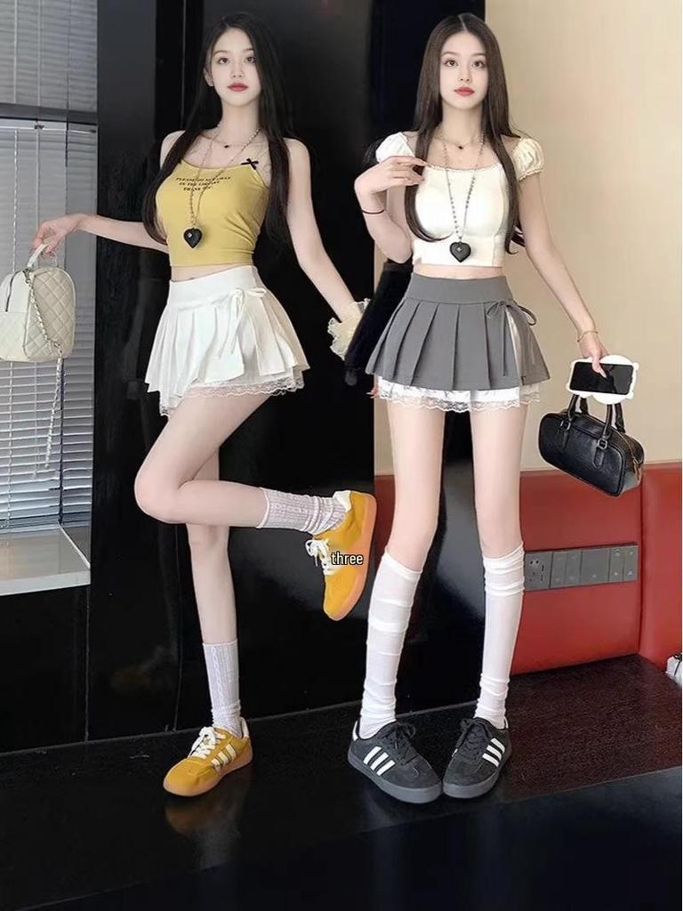 Sweet Pleated A-Line Mini Skirt with Lace Patchwork, High-Waisted and Anti-Exposure, 2025 Summer Collection