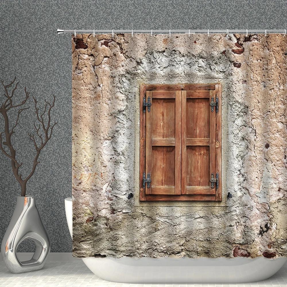 Old Fashioned Door Bookshelf Shower Curtain Creative Brick Wall Education Arched Door Pattern Bathroom Home Decor With Hooks