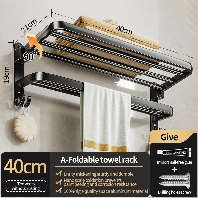 No Drill Bathroom Hardware Towel Rack Black 40CM-60CM Folding Aluminum Towel Rack Holder With Hook Towel Holder Tissue Holder