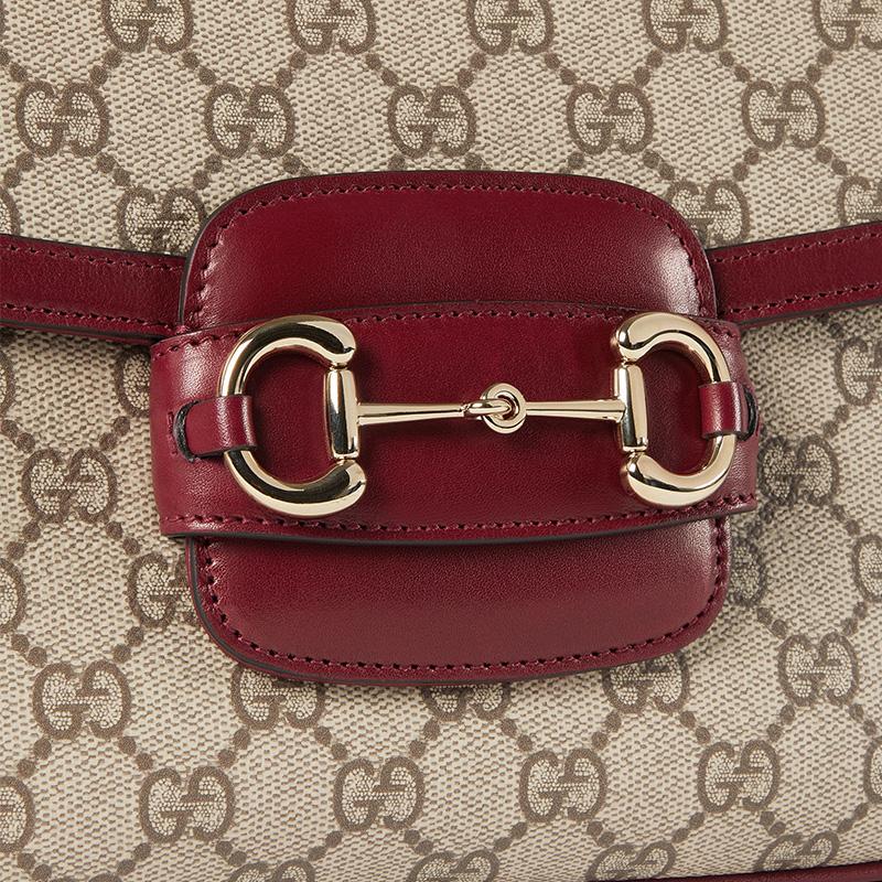 Gucci Horsebit 1955 Adjustable Shoulder Strap Flap Closure Canvas And Leather Crossbody Bag Women bags Beige Red 815178-FAD6M-8759