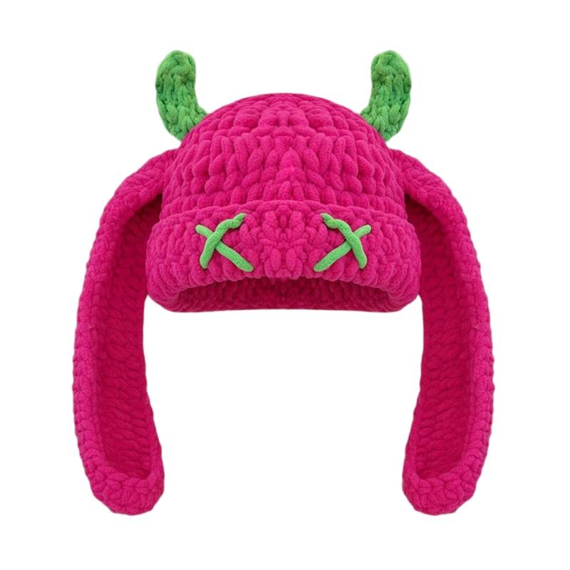 Handmade Crochet Cap with Devil Horn Long Ears Stretchy Pullover Hat Winter Warmth Hat Halloween Cosplay Head Accessory