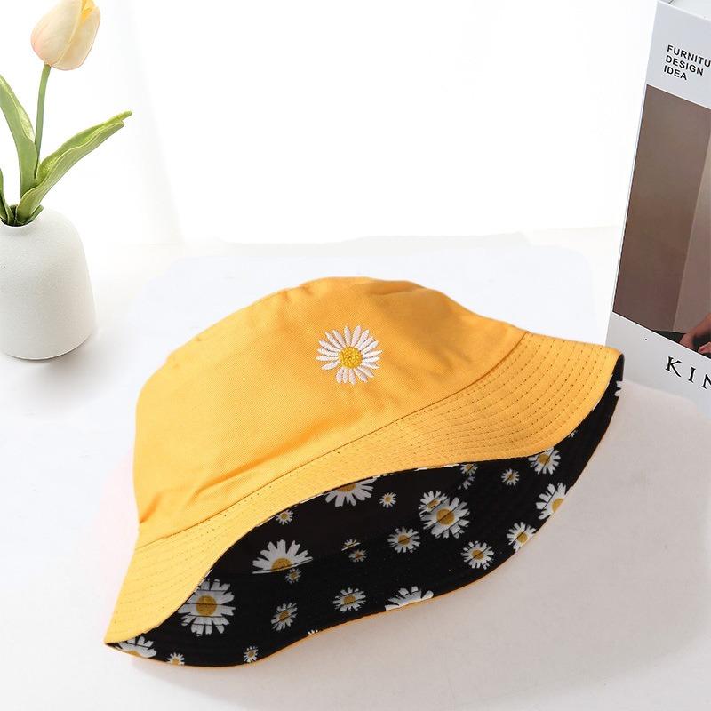 Double-sided Fisherman Hat Sun Protection Cap Cotton Outdoor Sun Hats Daisy Flower Print Student Pot Hat
