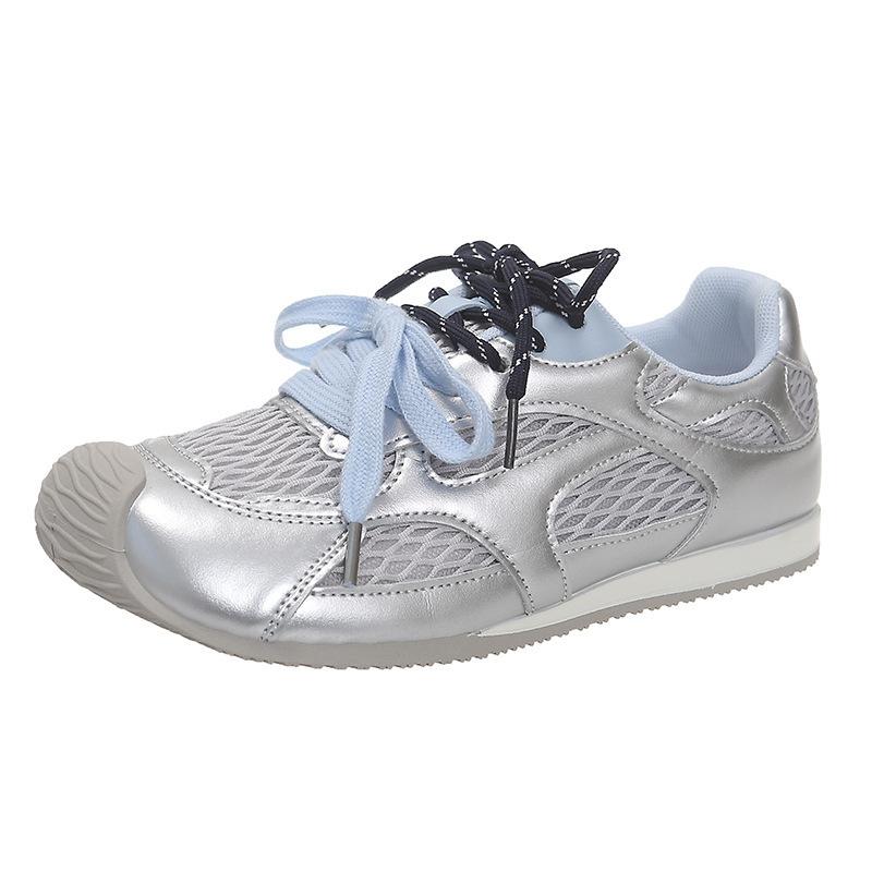 Korean version of color matching mesh splicing German training shoes 2025 autumn height increase medium heel leisure sports style lace-up single shoes