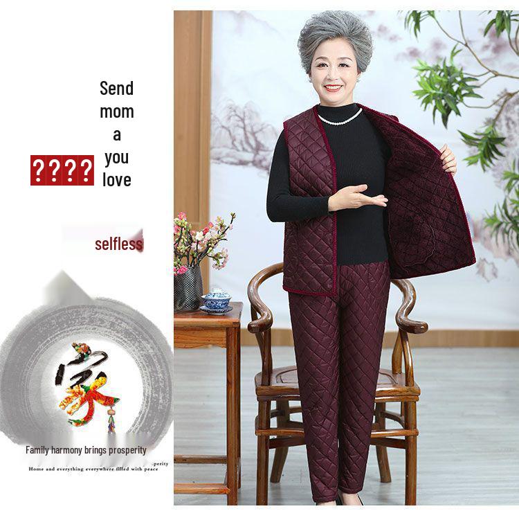 Warm Winter Three-Piece Set for Elderly Women: Fleece-Lined Cotton Coat and Pants