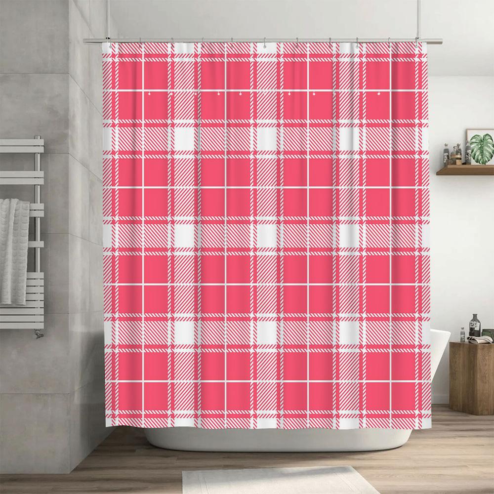 Country Style Red Checkered Shower Curtain Waterproof Bath Rug Cover Decorative Liner For Bathroom Large Size (230X180Cm)