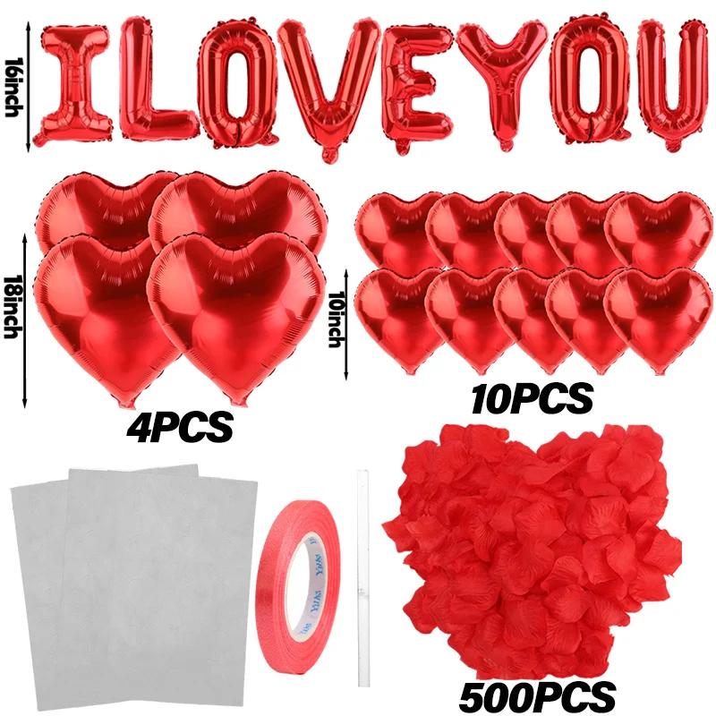 I Love You Heart Balloons With Fake Rose Petals Aluminum Foil Balloon For Valentines Day Wedding Anniversary Romantic Decoration