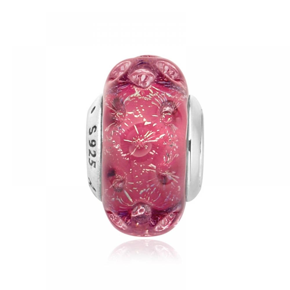 Pandora 798872c00 Wavy Fancy Pink Glass Murano Silver Charm