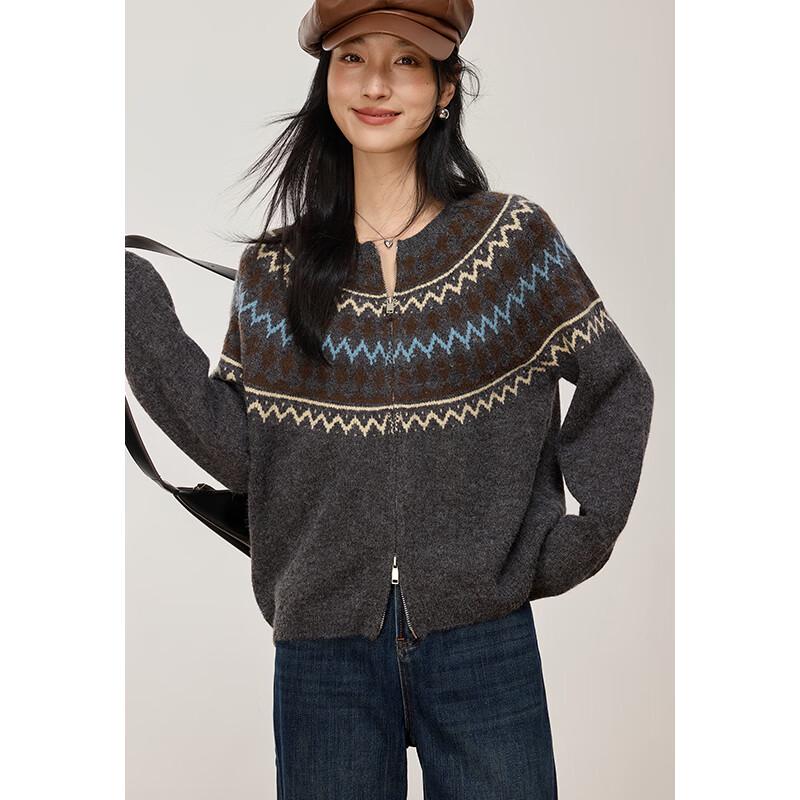 VICTORIA&VERA Women's Winter Fair Isle Retro Round Neck Knit Sweater with Double Zipper