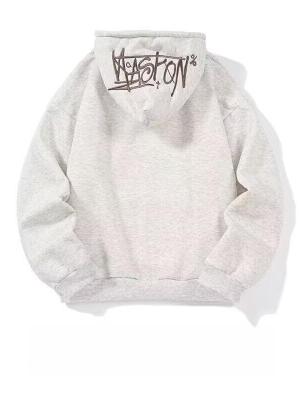 Men's American Style Gradient Letter Embroidery Fleece-Lined Hooded Sweatshirt, Autumn Loose Fit Versatile Casual Hoodie