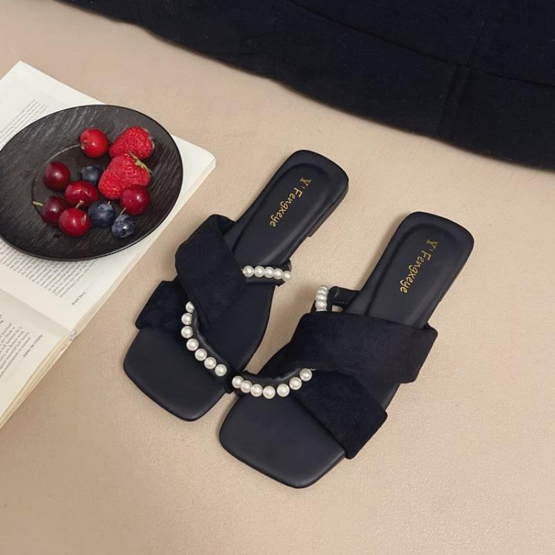 Fashion Flat Shoes Female Flock Woman's Slippers Slides Rubber Flip Flops Fashion String Bead Square Toe Low 2025 Hawaiian Luxury Soft