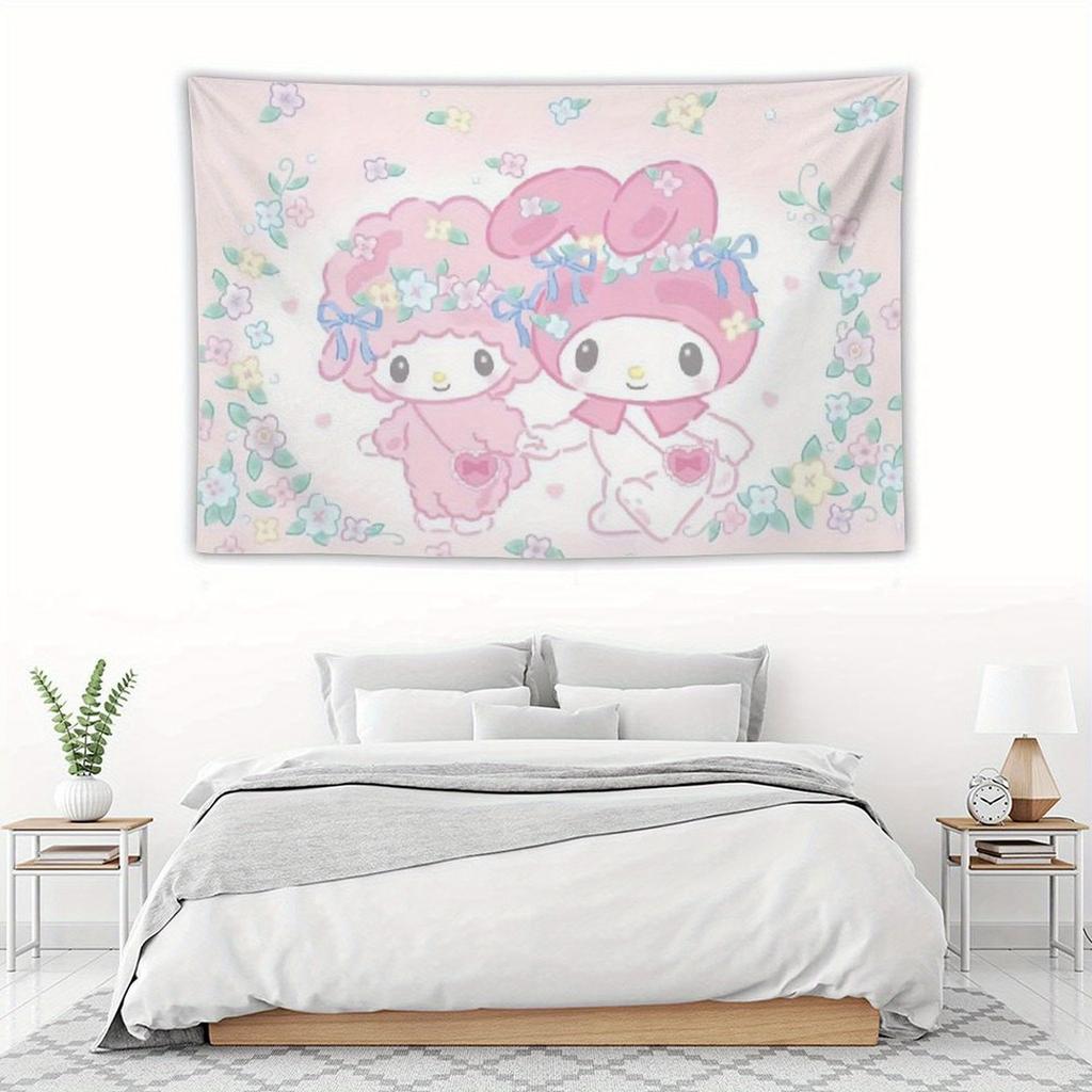 Sanrio Melody and Sweetheart Piano Printed Tapestry Cute Cartoon Rabbit Sheep Bedroom Wall Art Fun Room Decoration Rabbit Theme