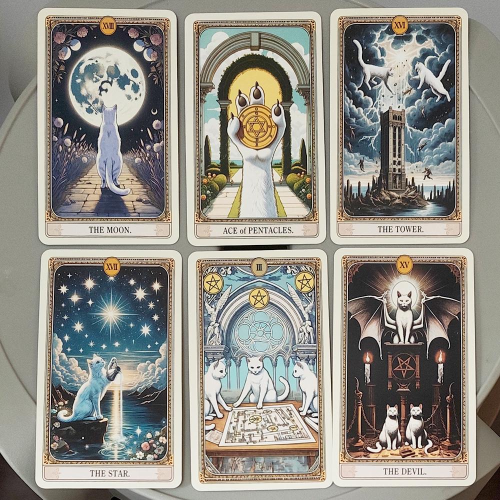Baraja de Tarot del Gato 78 Cartas con Guía, Tarjetas de Tarot con Temática de Gato Blanco Lindo 11*6.2cm Cartas de Adivinación en Caja de Lata Portátil