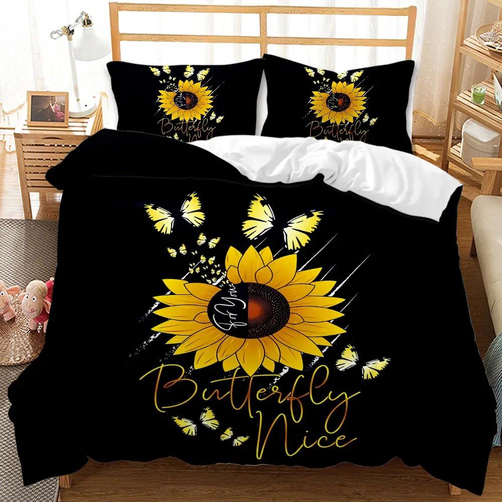 Sunflower Duvet Cover Set Yellow Flower Bedding Set Sunflower Botanical Floral Garden Bloom Print on Black Polyester Quilt Cover