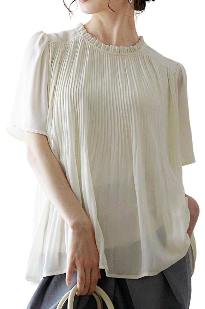 Blouse for Short Suit Large Size L [Lilyano] Women, Sleeve, Pleated, Innerwear, Commuting, Office, Formal, Clean, Casual, Tops, Size, Ivory,