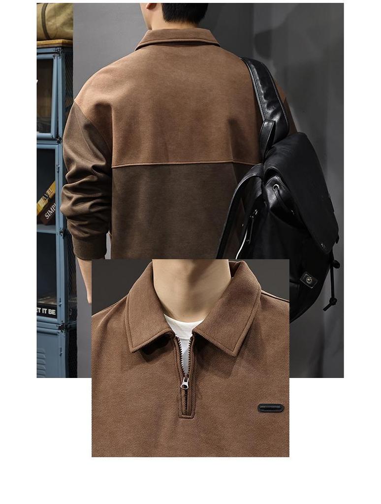 Men's Autumn Retro Lapel Hoodie - Trendy Loose-Fit Casual Knit Top, Long Sleeve Polo Style.