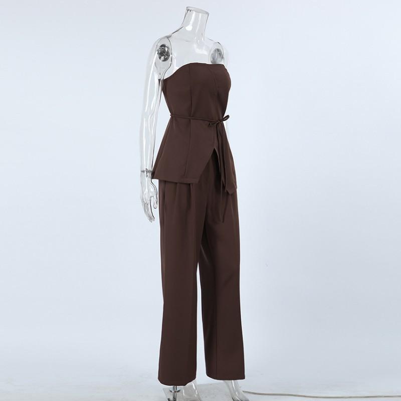 Womens 2-Piece Set: Sleeveless Crop Top Wide Leg Pants Solid Color 2025