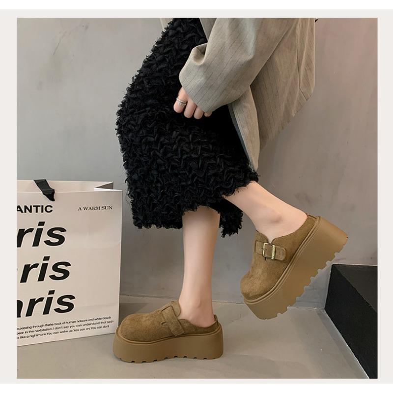 Women Genuine Leather Fleece Lined Platform Slip On Cotton Shoes 7cm Height Increasing Round Toe Warm Winter Slippers