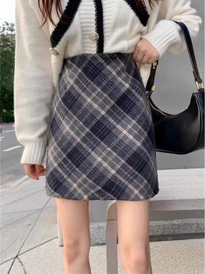 2025 Neues Herbst/Winter Damen Übergröße Karierter Woll-A-Linien-Rock mit Hoher Taille Bodycon