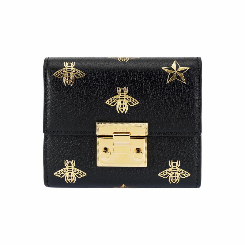 Gucci Padlock Metal Lock Bee Print Short Folding Leather Wallet Wallet Women's Black