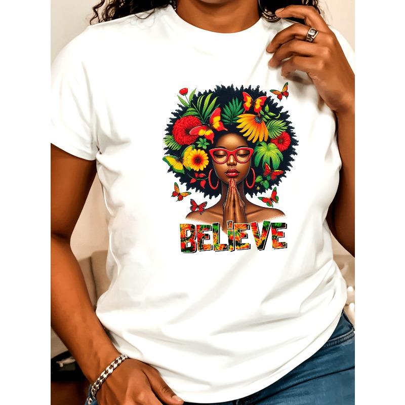 Европейский размер Плюс размер - Женская футболка  Believe  Африканский  Месяц черной истории  - Удобная и дышащая, Повседневная с круглым вырезом, Геометрический узор S