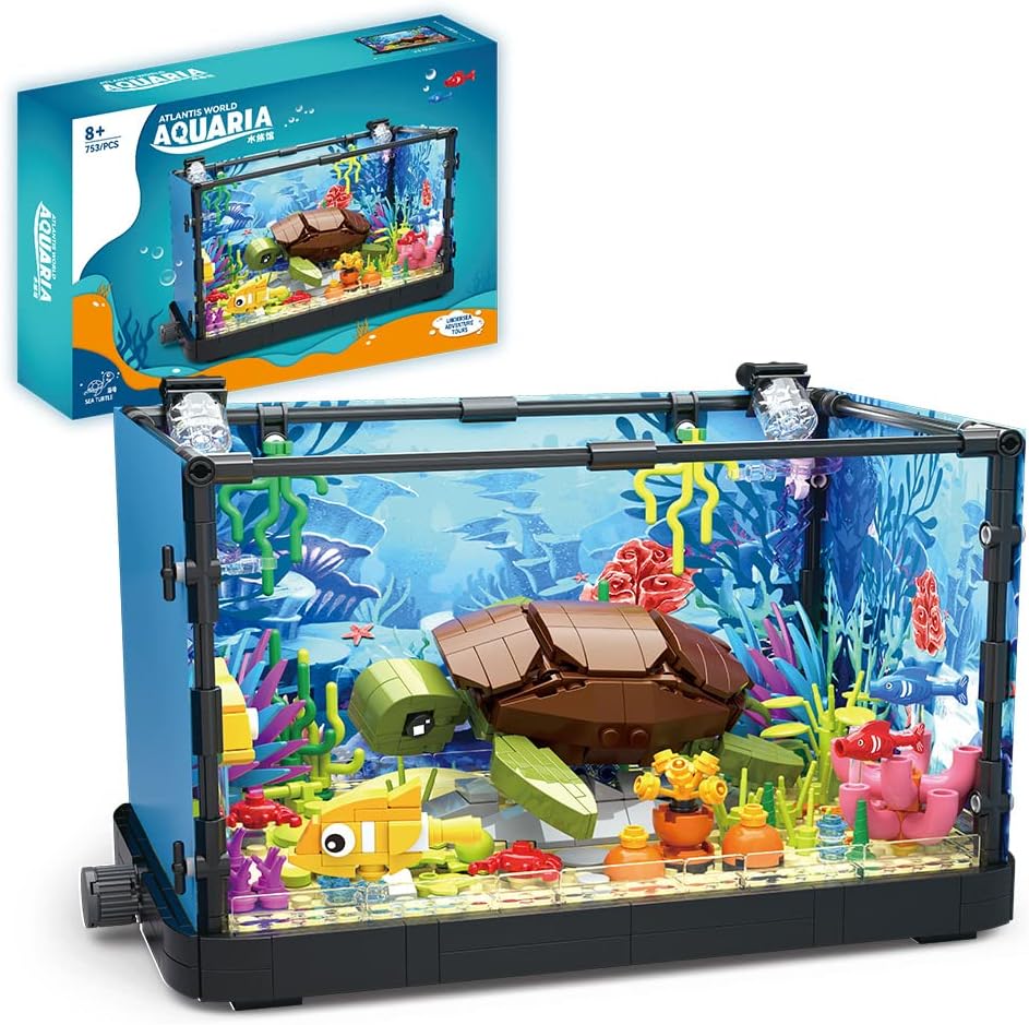 Ocean Fish Tank Aquarium Building Block Set with Turtle - DIY Toy Brick for Kids Creative Playset Home Decor Birthday Gift