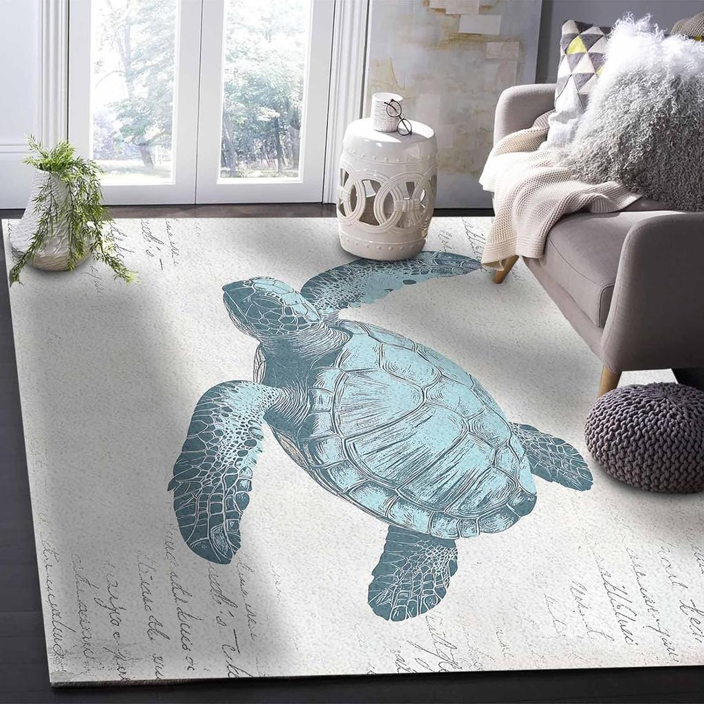 Turtle Washable Area Rugs Blue Ocean Animal Vintage Texture Non Slip Rugs for Living Room Bedroom,Low Pile Floor Mat Large