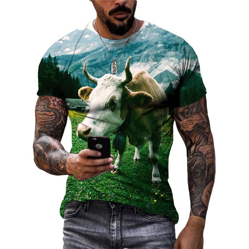 New 3D Funny Animal Cattle Graphic T Shirts Summer Men Fashion Personality Interest Printed Round Neck Short Sleeve Tees Tops