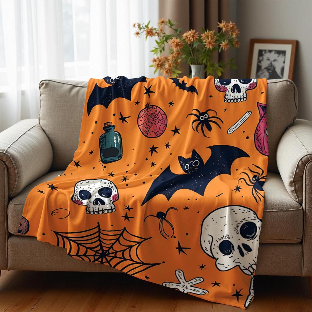 Orange Halloween Spider Soft Flannel Blanket Breathable Warm Throw for Office Car Sofa Kids Room Birthday Xmas Gift