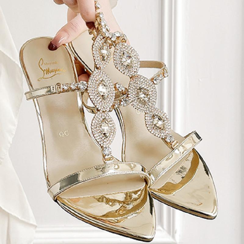 Fashion Luxury Rhinestone Women Sandals Fashion Pointed Toe Open Toe Chain Buckle Roman Shoes High Quality Elegant Thin Heel Dress Shoes