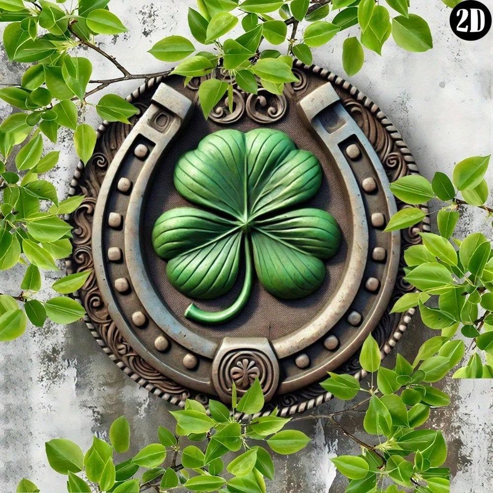 Vintage podkovy a čtyřlístky kovová nástěnná dekorace Zelená rustikální dekorace Domov Kavárna Garáž Venkovní